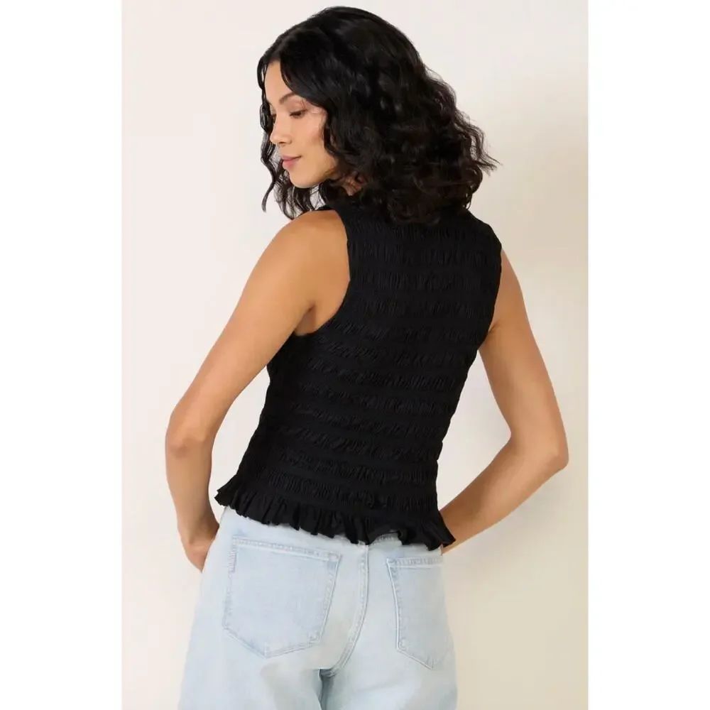 NWT Pistola Phoebe Crew Neck Ruffle Hem Smocked Sleeveless Tank Top Black Small - Picture 7 of 7